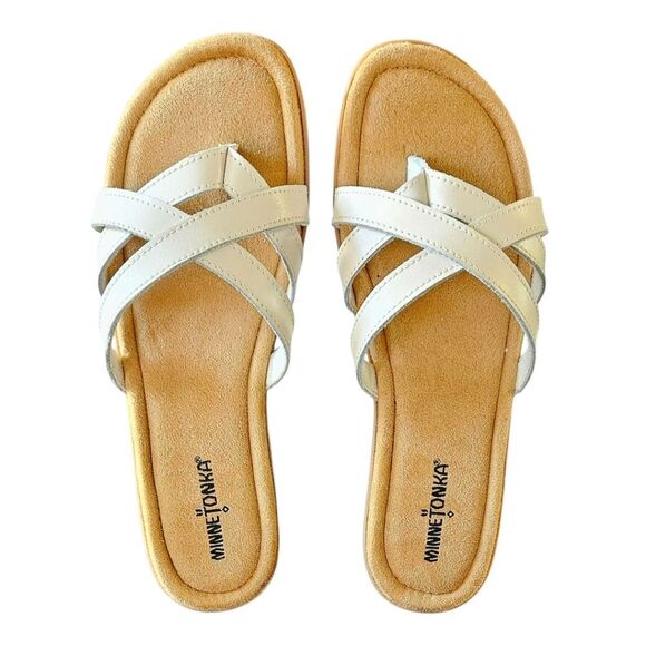 MINNEโTONKA Women's Wide Width White Sunny Leather Flip Flop Thong/Sandals 9W - Picture 2 of 16